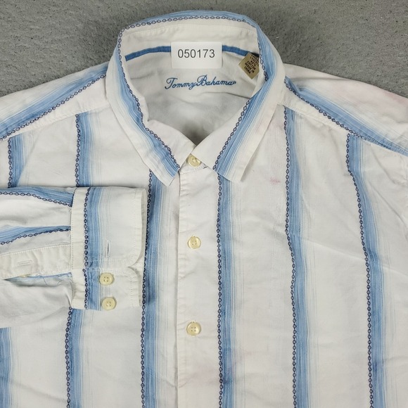 Tommy Bahama Other - Tommy Bahama Shirt Mens Size XL White Blue Striped Button Up Long Sleeve STAINED
